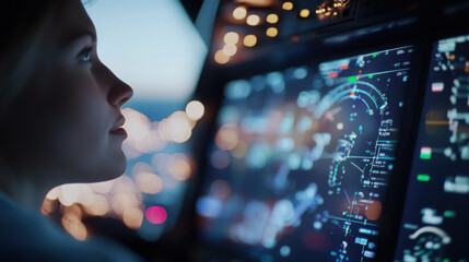 focused aeronautical engineer analyzes advanced flight data on cockpit display, showcasing integration of technology and aviation. scene captures essence of innovation in flight