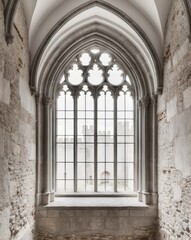 Fototapeta premium Medieval Gothic arched window on a stone wall at a historical castle.