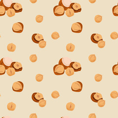 Cartoon hazelnut seamless pattern. Nuts in shell and peeled pieces. Healthy food. Diet snack. Decor textile, wrapping, wallpaper design. Print for fabric. Natural plant design. Vector illustration