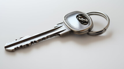 Single metal house key on keyring against white background