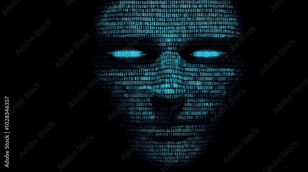 Wall mural futuristic digital face with binary code on a dark background.
