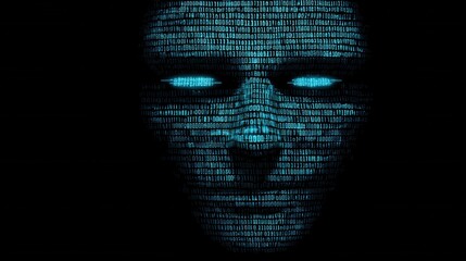 Futuristic digital face with binary code on a dark background.