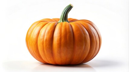 A vibrant orange pumpkin with a slender green stem, showcasing its smooth, rounded shape and textured surface against a stark white backdrop.