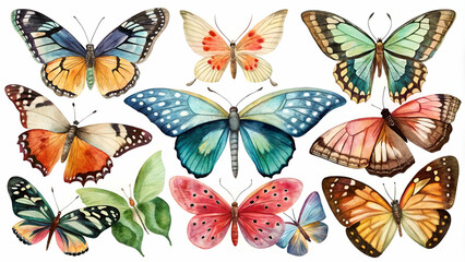 Butterflies in various colors and patterns isolated on a white background, perfect for nature-themed designs and educational materials.