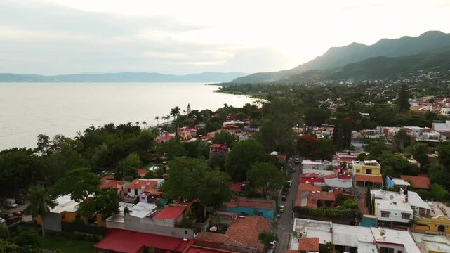Ajijic Village On The Shores Of Lake Chapala In Jalisco, Mexico. Aerial Drone Shot