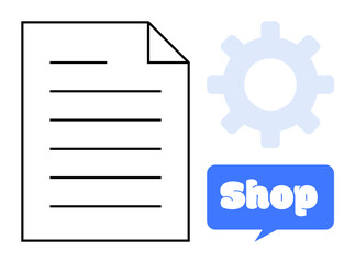 Document with lines, a gear, and a speech bubble containing the word Shop. Ideal for business documents, online shopping, technology, commerce, and digital tools. Simple minimalistic style