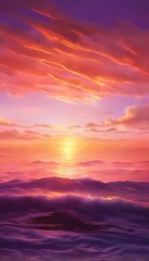 Obraz premium A fiery sunset casts a warm glow over the calm ocean waves.