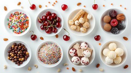 Flat Lay of Assorted Toppings for Ice Cream in White Bowls.
