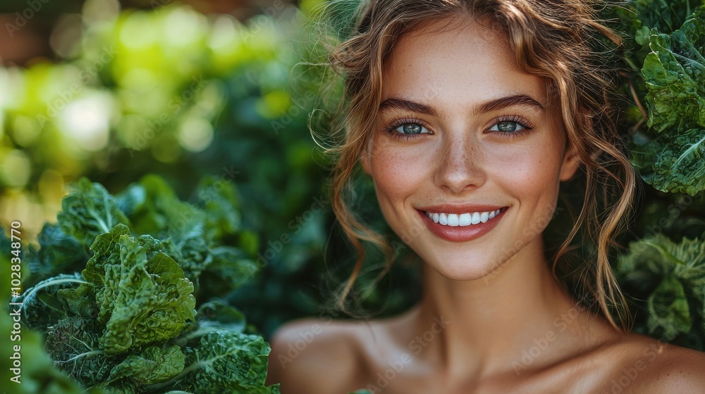 Wall mural smiling woman surrounded by fresh green lettuce in a sunlit garden enjoying a healthy lifestyle and 