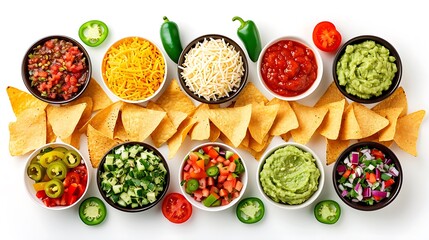 A Variety of Toppings for Nachos, Including Salsa, Guacamole, Cheese, and Pico de Gallo.