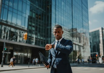 Business professional checking time in urban cityscape