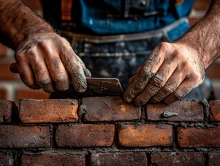 Hands Applying Mortar with Trowel in Brickwork