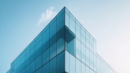 A sleek, minimalist office building with a smooth glass exterior and sharp angular edges. The design emphasizes simplicity and functionality, creating a futuristic workspace