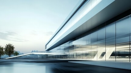 A sleek, minimalist office building with a smooth glass exterior and sharp angular edges. The design emphasizes simplicity and functionality, creating a futuristic workspace