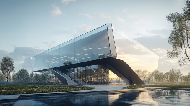 A sleek, minimalist office building with a smooth glass exterior and sharp angular edges. The design emphasizes simplicity and functionality, creating a futuristic workspace