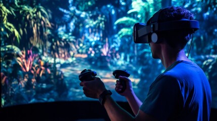 A sleek virtual reality setup with a user wearing a headset and motion controllers. The digital environment features vivid, immersive landscapes, offering a fully interactive experience.