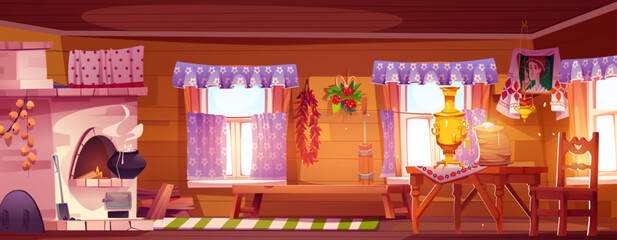 Old traditional russian kitchen interior with stone stove with fire and food in pot, crepes with butter and tea in samovar on wooden table, wood bench and rug on floor, windows with curtains.