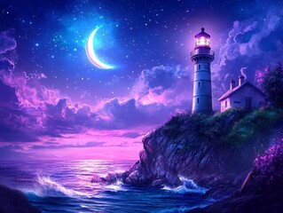 Tall Lighthouse on a Cliff with Shining Light