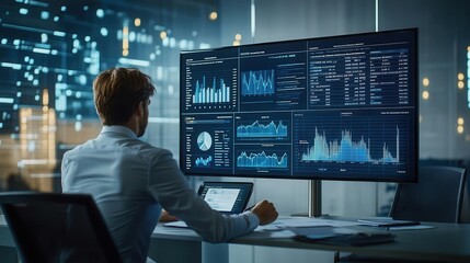 Executives reviewing MA proposals on digital screens, modern office setting, ultrarealistic detail of financial data, focused strategy, and intense negotiation