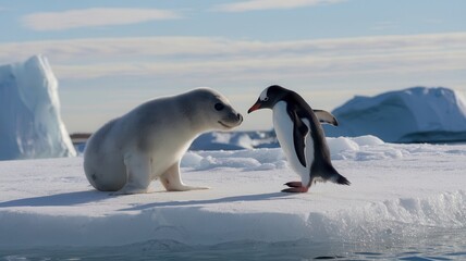Seal and penguin interacting on floating ice floes in Arctic waters