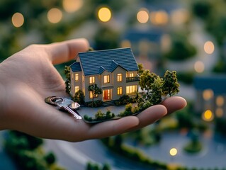 2408 20.A detailed view of a hand offering a house model with a key, symbolizing home ownership, property insurance, and affordable housing. The image conveys the idea of safeguarding homes through
