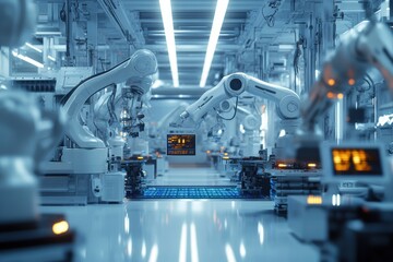 Automated factory with advanced robotic arms assembling electronics