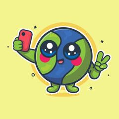 happy earth character mascot taking a selfie with a smartphone isolated cartoon
