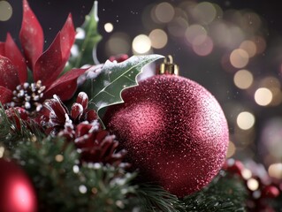 A sparkling red holiday ornament nestled among holly leaves, pine cones, and foliage, capturing the essence of festive celebrations.