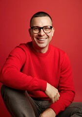 Obraz premium Cheerful man in glasses wearing red sweater against red background