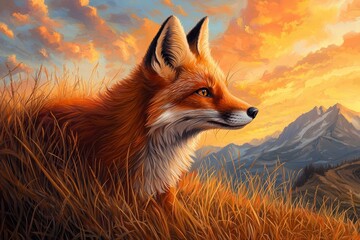 Fototapeta premium Majestic Fox Stalking Through Tall Grass at Sunset