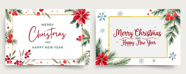 Horizontal watercolor cards with branches of christmas tree and lettering. Merry Christmas and New year frames © Hanna ArtLab