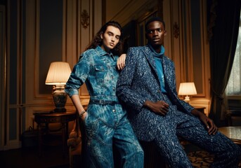 Chic denim fashion: contemporary style in elegant interior setting
