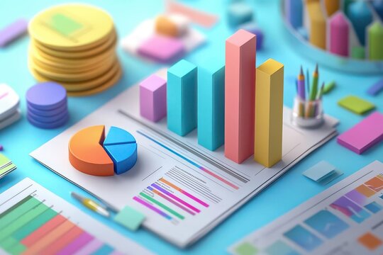 Financial analysis paperwork with bar graphs and pie charts, 3D illustration, flat design, top view, business finance theme, animation, colored pastel