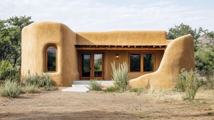 A traditional adobe house in the American Southwest, with smooth, rounded edges and earth-toned walls. The design reflects the natural materials and cultural heritage of the region