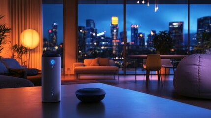 A smart home system with voice-controlled devices managing lights, climate, and security. The seamless integration of devices provides comfort and convenience for its inhabitants.
