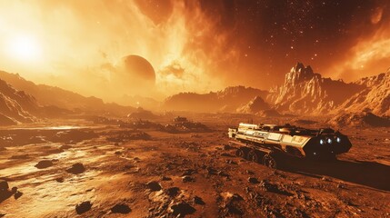 A space exploration mission with advanced robotics on the surface of Mars. Drones and rovers analyze the rocky terrain while transmitting data back to Earth for further study