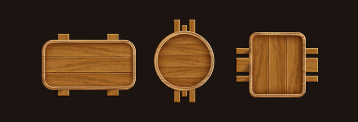 Naklejka premium Sign board with brown wood texture. Realistic 3d vector illustration set of wooden rectangle, circle and square frame. Rustic signboard plank for title and text box. Timber billboard plaque.