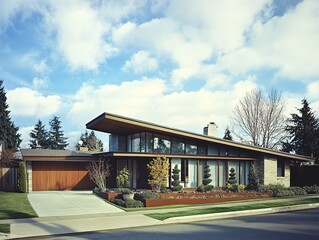 2408 5.A suburban home with a modern design, characterized by its large windows, sloping roofs, and attached garage. The front is adorned with neatly placed thuja trees in pots, and a sidewalk curves