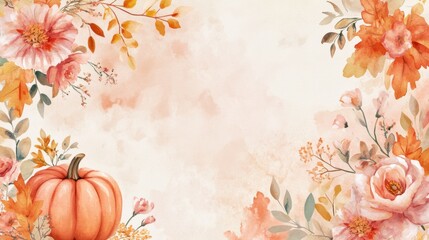 Fototapeta premium Elegant autumn frame featuring a pumpkin, leaves, and flowers, beautifully illustrated in watercolor. This boho-style painting is perfect for fall flora invitations and design projects.