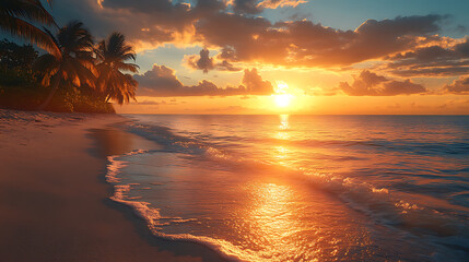 A coastal scene at sunset with golden sunlight reflecting off calm ocean waves, silhouetting palm trees along the shore 