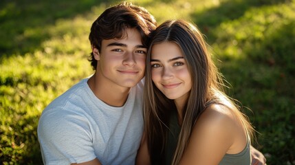 Fototapeta premium Minimalistic stock photo of a young couple embracing each other while sitting on the grass, the man with dark brown hair, the woman with long straight hair