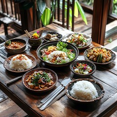 Thailand food ready to eat on wood table