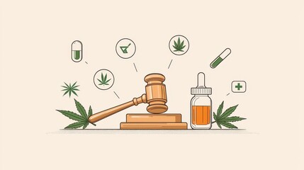 Legalization of cannabis illustrated with gavel, pills, and a dropper on a subtle background.