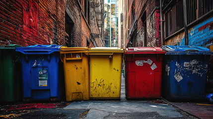 Colorful Trash Bins in Urban Alley