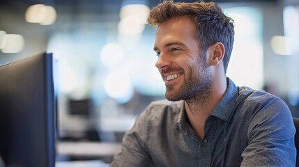 Fototapeta premium Smiling Caucasian man sitting at his computer in the office, side view, simple composition with minimal distractions.