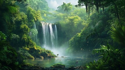 A tropical rainforest adventure in Costa Rica, with vibrant wildlife, towering trees, and cascading waterfalls. The sound of birds and rushing water fills the air as you explore the jungle.