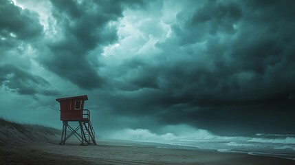 A tropical storm brewing over the ocean, with dark clouds and strong winds whipping up the waves. The beach is empty except for a lone lifeguard tower standing against the elements.