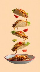 Creative food presentation of vertically stacked tacos with garnishes in warm tones