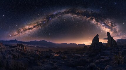 A vast, starry night sky above a rocky desert landscape, with distant mountains silhouetted against the horizon. The Milky Way stretches across the sky in a stunning display of light.