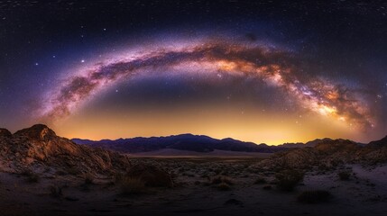 A vast, starry night sky above a rocky desert landscape, with distant mountains silhouetted against the horizon. The Milky Way stretches across the sky in a stunning display of light.